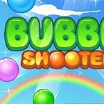 Färgglada bubblor mot en blå himmel med en regnbåge och texten Bubble Shooter i grönt och orange