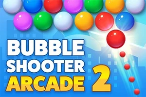 Färgglada bollar staplade över texten Bubble Shooter Arcade 2 mot en blå himmel