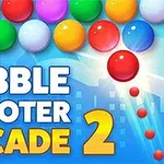 Färgglada bollar staplade över texten Bubble Shooter Arcade 2 mot en blå himmel