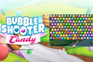 Tecknat landskap med godis och färgglada bubblor, samt texten Bubble Shooter Candy bredvid en ruta fylld med flerfärgade bubblor