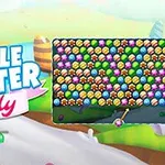 Tecknat landskap med godis och färgglada bubblor, samt texten Bubble Shooter Candy bredvid en ruta fylld med flerfärgade bubblor