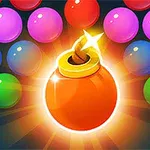 En lysande orange bomb omgiven av färgglada bollar i olika nyanser