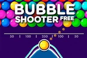 Färgglada bubblor med texten Bubble Shooter Free ovanför en kanon med en gul kula redo att avfyras