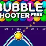 Färgglada bubblor med texten Bubble Shooter Free ovanför en kanon med en gul kula redo att avfyras