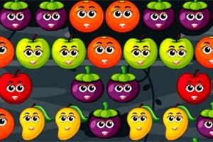 Tecknade frukter med ansikten i rader, inklusive äpplen, apelsiner och mangos, mot en mörk bakgrund