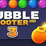 Färgglada bubblor överst med texten Bubble Shooter HD 3 och en lysande orange bomb längst ner