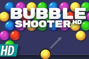 Färgglada bubblor och texten Bubble Shooter HD mot en mörk bakgrund med en pil som pekar uppåt