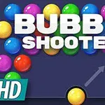 Färgglada bubblor och texten Bubble Shooter HD mot en mörk bakgrund med en pil som pekar uppåt