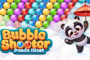 En tecknad panda som håller i ett rött paraply bredvid färgglada bubblor och en logotyp