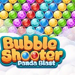 En tecknad panda som håller i ett rött paraply bredvid färgglada bubblor och en logotyp