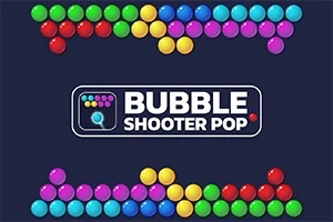 Färggranna bubblor ordnade i horisontella rader på en mörk bakgrund med texten Bubble Shooter Pop i mitten