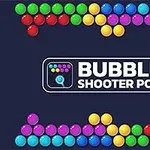Färggranna bubblor ordnade i horisontella rader på en mörk bakgrund med texten Bubble Shooter Pop i mitten