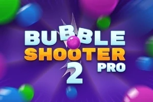 Texten Bubble Shooter 2 Pro i vitt och orange mot en bakgrund av färgglada bubblor på en lila bakgrund