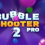 Texten Bubble Shooter 2 Pro i vitt och orange mot en bakgrund av färgglada bubblor på en lila bakgrund