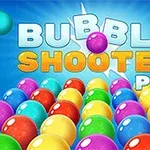 Färgglada bubblor mot en blå bakgrund med texten Bubble Shooter Pro i mitten
