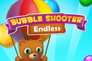 En tecknad björn håller en flerfärgad ballong med texten Bubble Shooter Endless framför en bakgrund med flerfärgade bubblor