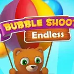 En tecknad björn håller en flerfärgad ballong med texten Bubble Shooter Endless framför en bakgrund med flerfärgade bubblor