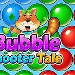 Tecknad katt med gröna blad runt huvudet ovanpå färgglada bubblor med texten Bubble Shooter Tale i mitten