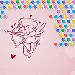En tecknad bild av en amor med båge och pilar mot en rosa bakgrund med hjärtmönster och färgade cirklar