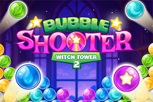 Färgglada bubblor med texten Bubble Shooter Witch Tower 2 mot en mörk bakgrund med stjärnor