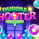 Färgglada bubblor med texten Bubble Shooter Witch Tower 2 mot en mörk bakgrund med stjärnor