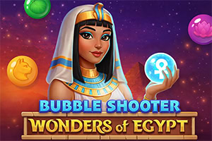 Illustration av en egyptisk kvinna i faraoklädsel som håller en blåglödande bubbla, med färgglada bubblor och texten Bubble Shooter: Wonders of Egypt mot en stjärnig bakgrund