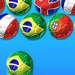 Fotbollar med olika nationsflaggor mot en blå bakgrund