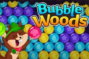 En tecknad glad gnagare i gröna kläder håller i en rosa bubbla framför en bakgrund av färgglada bubblor med texten Bubble Woods