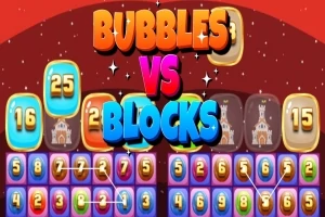 Färgglada nummerbubblor och block med texten Bubbles vs Blocks i mitten mot en röd bakgrund