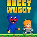 En pixlad blå figur med rött leende står bredvid en orangehårig karaktär på grön mark, med texten BUGGY WUGGY ovanför