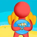 En röd tecknad figur med gul ryggsäck håller en blå genomskinlig burk med små föremål, mot en strandbakgrund