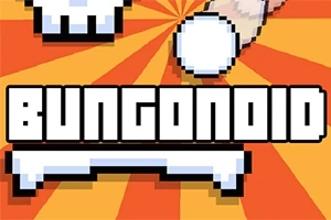 Texten BUNgONOID i pixelstil på en bakgrund med orange och röda solstrålar samt en vit pixelboll och hand
