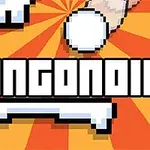Texten BUNgONOID i pixelstil på en bakgrund med orange och röda solstrålar samt en vit pixelboll och hand