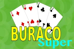 Fyra spelkort (hjärter, ruter, klöver och spader tvåor) med texten Buraco Super på en grön bakgrund