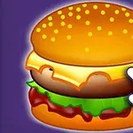Tecknad hamburgare med sesamfröbröd, ost, sallad och en vit animerad hand som pekar