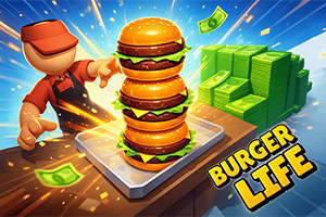 Tecknad person med röd keps som pekar på en stapel hamburgare på en bricka bredvid högar av gröna sedelbuntar och texten BURGER LIFE mot en blå, dynamisk bakgrund