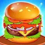 En färgstark illustration av en hamburgare med sallad, ost, tomat, röd lök och sås på ett runt bröd mot en blå stjärnhimmel