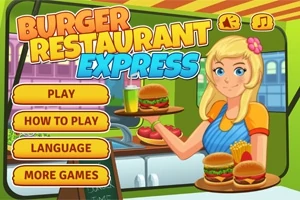 Tecknad kvinna i en restaurang som håller en bricka med hamburgare och dryck framför färgglada menyknappar