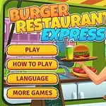 Tecknad kvinna i en restaurang som håller en bricka med hamburgare och dryck framför färgglada menyknappar
