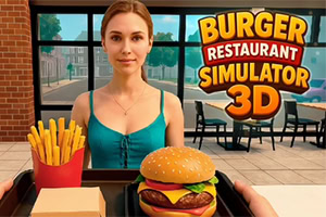 Kvinna i restaurang håller en bricka med hamburgare och pommes frites framför en stor 3D-skylt