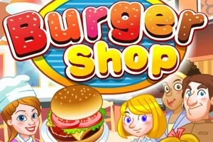 Tecknad bild med texten Burger Shop, en kock och tre kunder, samt en hamburgare