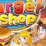Tecknad bild med texten Burger Shop, en kock och tre kunder, samt en hamburgare