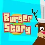 Tecknad ren med kockmössa bredvid texten Burger Story mot en blå bakgrund