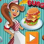 Tecknad servitris med ett stort leende håller en tallrik med en hamburgare, omgiven av flytande hamburgertillbehör och texten Burger Time