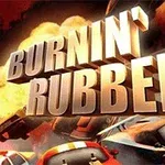 Texten Burnin Rubber i stora, tredimensionella bokstäver framför en bakgrund med eld och bilar i rörelse