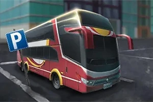 Röd tvåvåningsbuss som är parkerad vid en parkeringsplats i stadsmiljö med en blå P-skylt