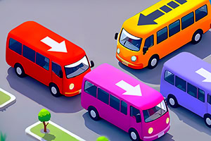 Färgglada tecknade minibussar med pilar ovanpå, som visar olika riktningar, på en väg omgiven av grönska