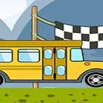 Gul tecknad buss framför en svartvit målflagga med berg i bakgrunden
