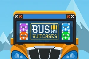 Tecknad bild av en buss med titeln Bus with Suitcases på framsidan, omgiven av färgglada resväskor och berg i bakgrunden
