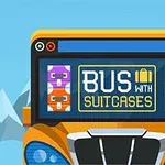 Tecknad bild av en buss med titeln Bus with Suitcases på framsidan, omgiven av färgglada resväskor och berg i bakgrunden